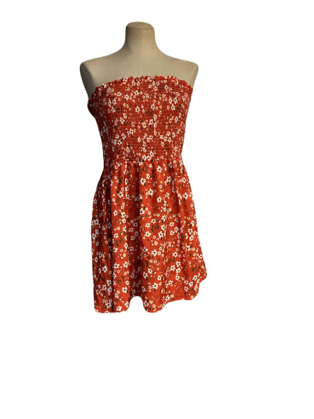 SHEIN Red Floral Strapless Smocked Mini Dress